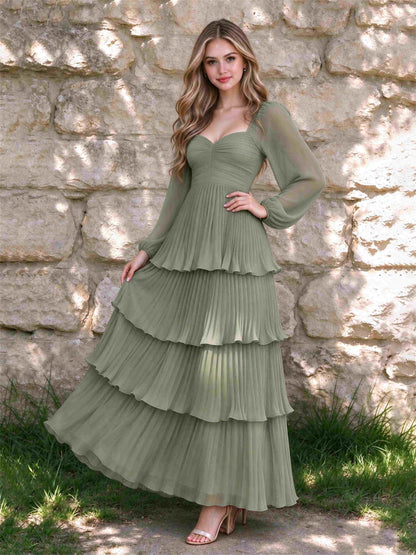 Sweetheart A-Line Long Sleeves Chiffon Tiered Pleated Wedding Guest Dress