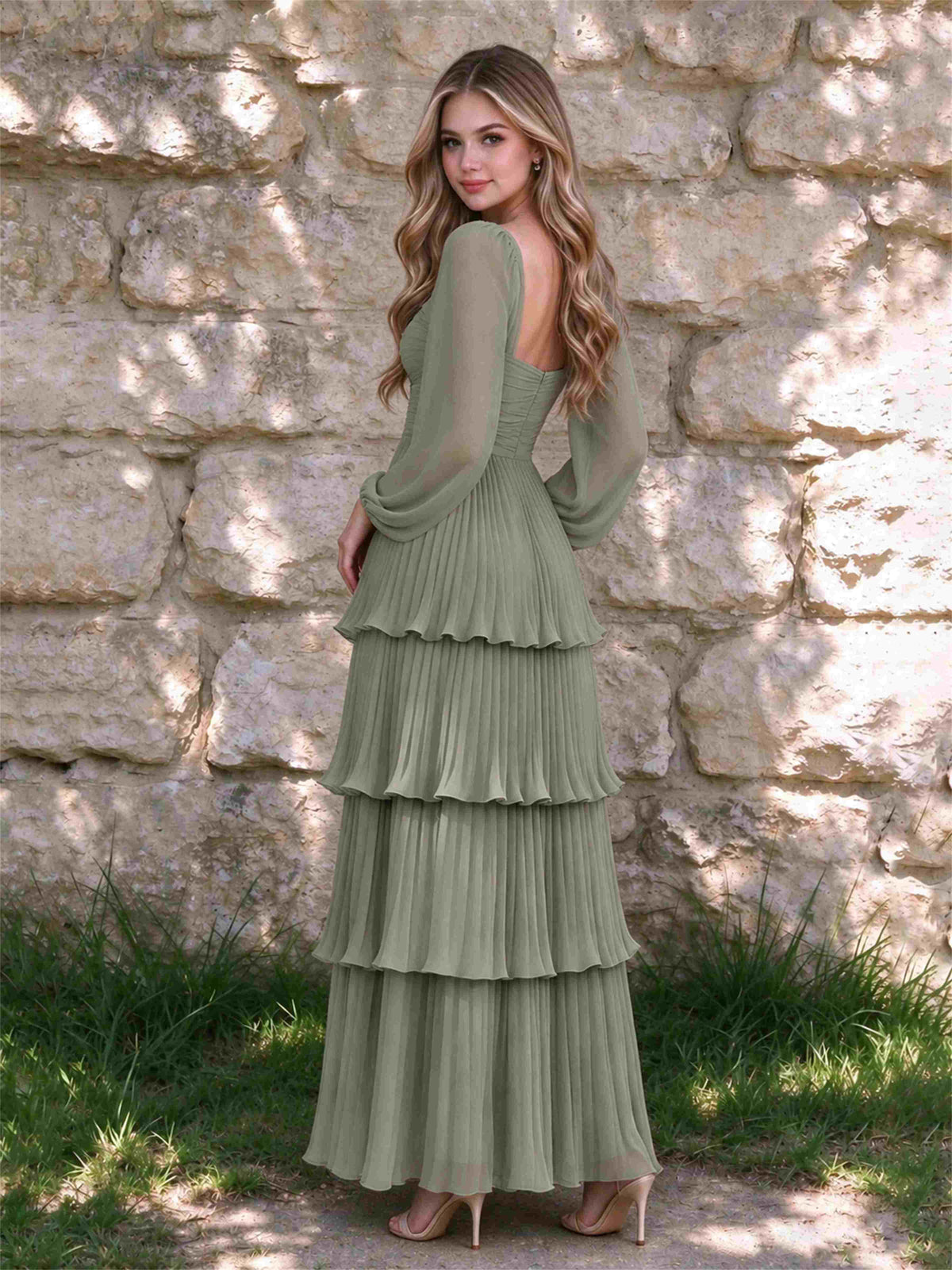 Sweetheart A-Line Long Sleeves Chiffon Tiered Pleated Wedding Guest Dress