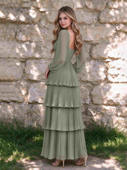 Sweetheart A-Line Long Sleeves Chiffon Tiered Pleated Wedding Guest Dress