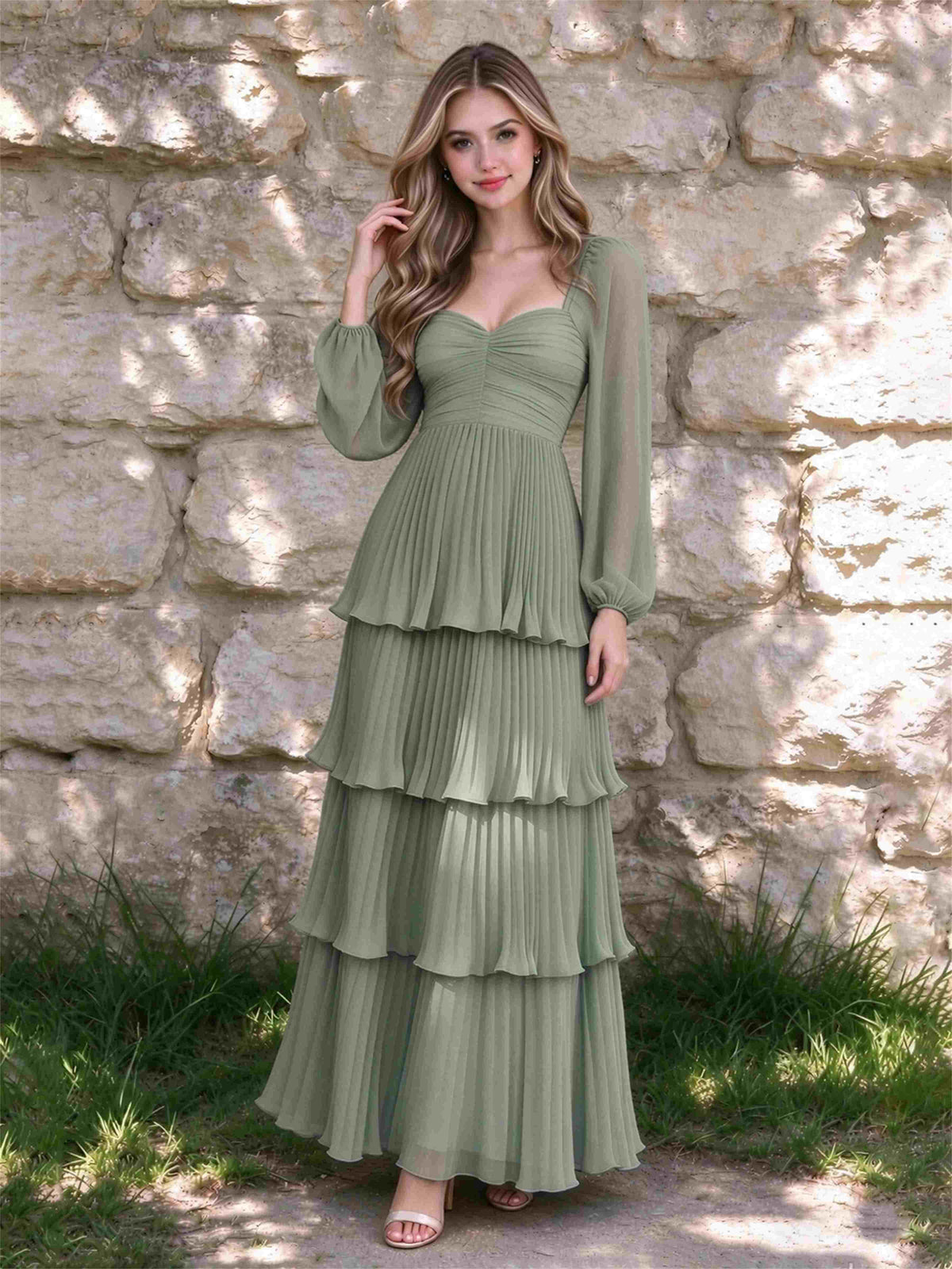 Sweetheart A-Line Long Sleeves Chiffon Tiered Pleated Wedding Guest Dress