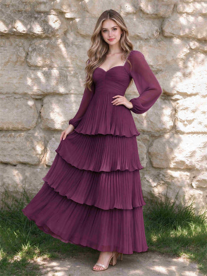 Sweetheart A-Line Long Sleeves Chiffon Tiered Pleated Wedding Guest Dress