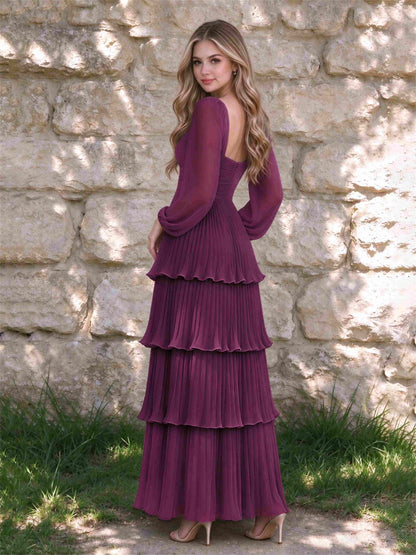 Sweetheart A-Line Long Sleeves Chiffon Tiered Pleated Wedding Guest Dress
