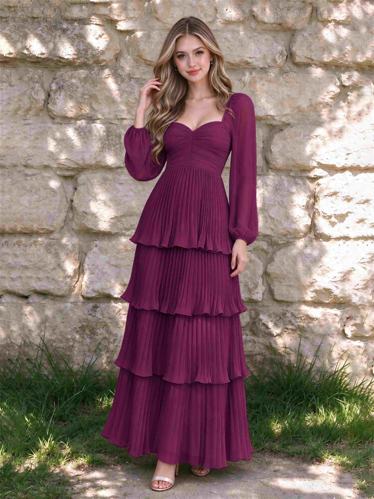 Sweetheart A-Line Long Sleeves Chiffon Tiered Pleated Wedding Guest Dress