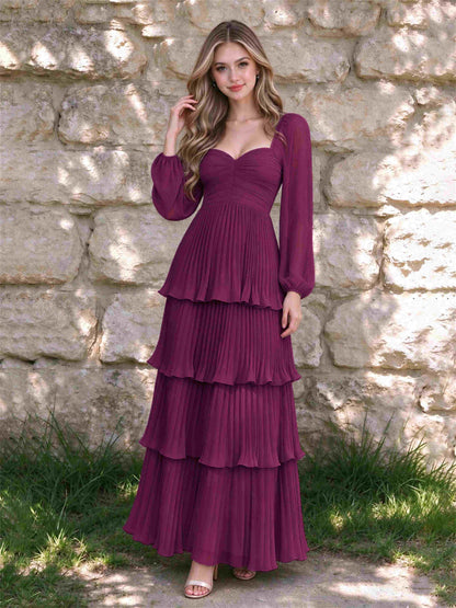 Sweetheart A-Line Long Sleeves Chiffon Tiered Pleated Wedding Guest Dress