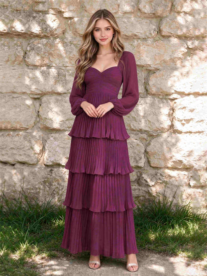 Sweetheart A-Line Long Sleeves Chiffon Tiered Pleated Wedding Guest Dress