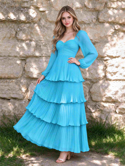 Sweetheart A-Line Long Sleeves Chiffon Tiered Pleated Wedding Guest Dress