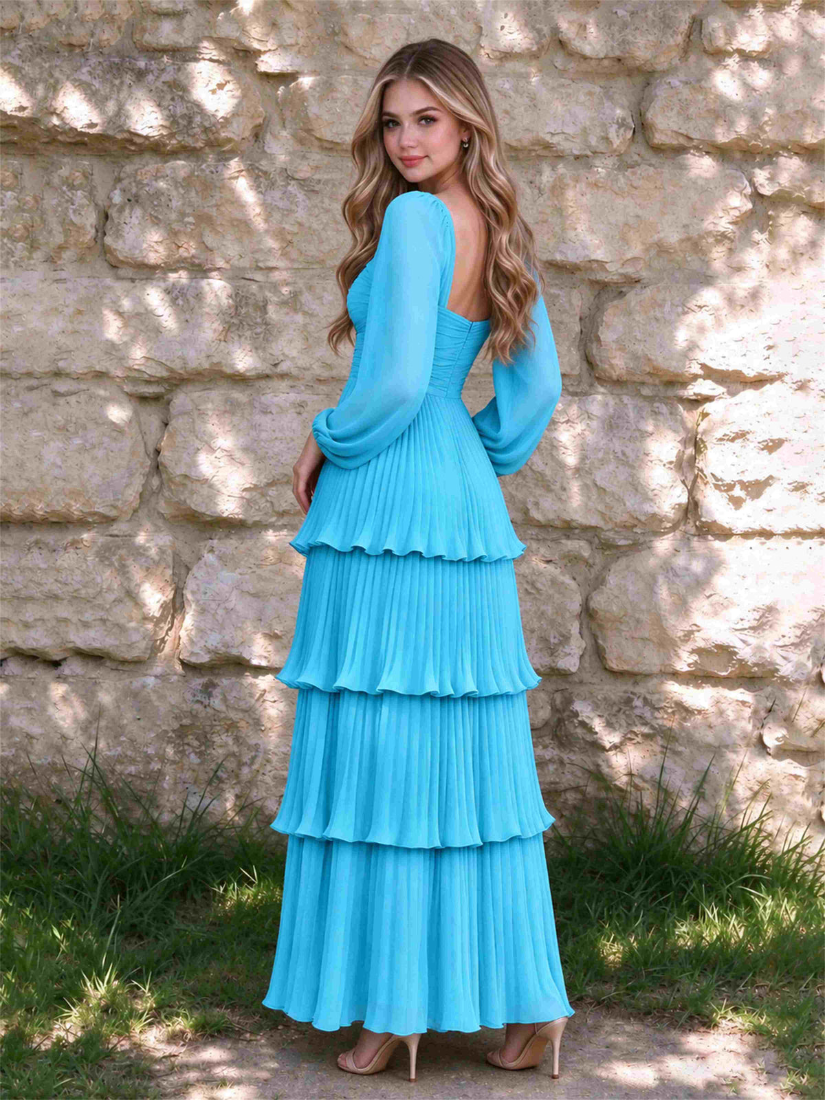 Sweetheart A-Line Long Sleeves Chiffon Tiered Pleated Wedding Guest Dress