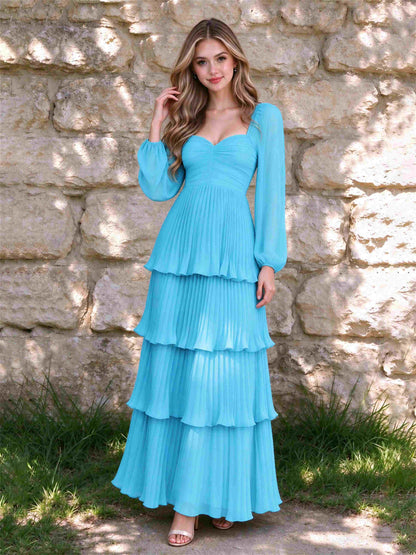 Sweetheart A-Line Long Sleeves Chiffon Tiered Pleated Wedding Guest Dress
