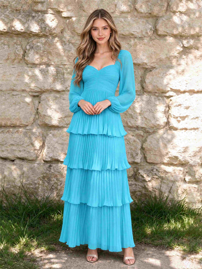 Sweetheart A-Line Long Sleeves Chiffon Tiered Pleated Wedding Guest Dress