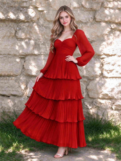 Sweetheart A-Line Long Sleeves Chiffon Tiered Pleated Wedding Guest Dress