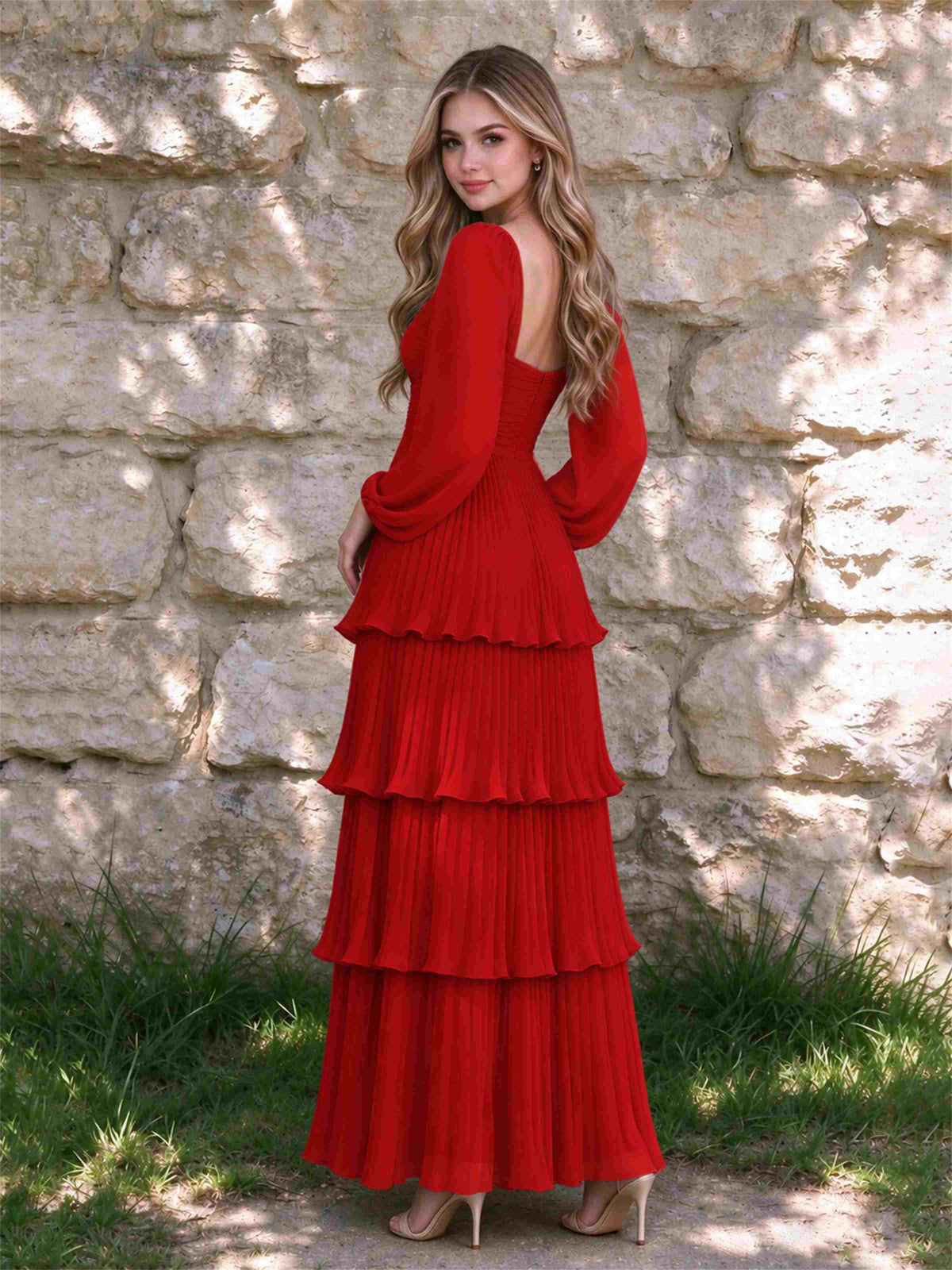 Sweetheart A-Line Long Sleeves Chiffon Tiered Pleated Wedding Guest Dress