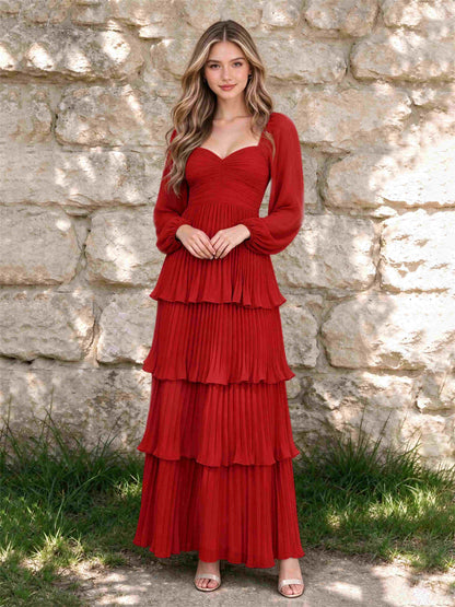 Sweetheart A-Line Long Sleeves Chiffon Tiered Pleated Wedding Guest Dress