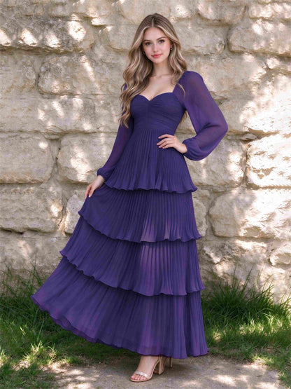 Sweetheart A-Line Long Sleeves Chiffon Tiered Pleated Wedding Guest Dress