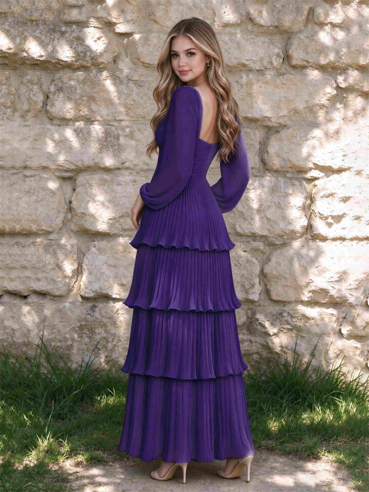 Sweetheart A-Line Long Sleeves Chiffon Tiered Pleated Wedding Guest Dress