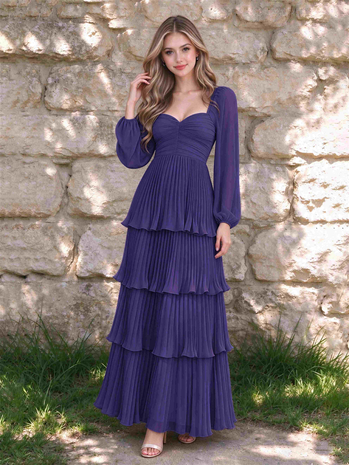 Sweetheart A-Line Long Sleeves Chiffon Tiered Pleated Wedding Guest Dress