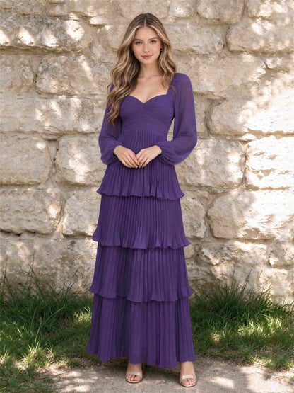 Sweetheart A-Line Long Sleeves Chiffon Tiered Pleated Wedding Guest Dress