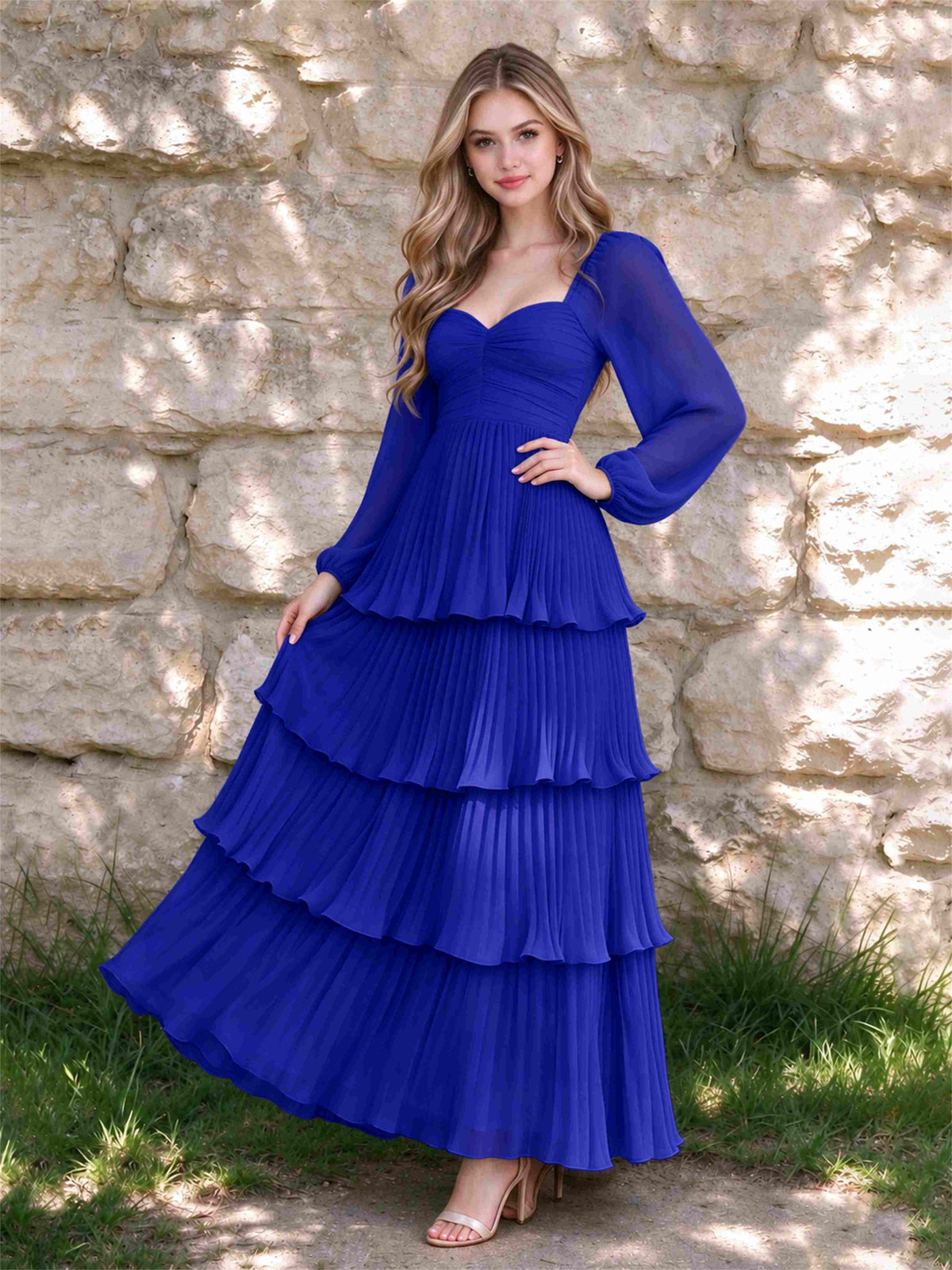 Sweetheart A-Line Long Sleeves Chiffon Tiered Pleated Wedding Guest Dress