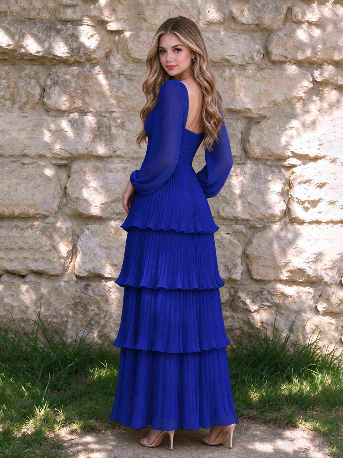 Sweetheart A-Line Long Sleeves Chiffon Tiered Pleated Wedding Guest Dress