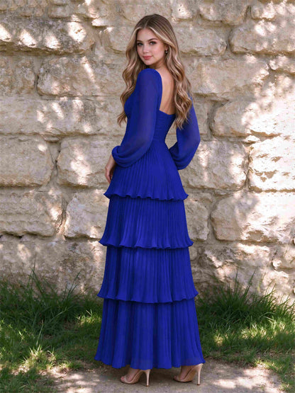 Sweetheart A-Line Long Sleeves Chiffon Tiered Pleated Wedding Guest Dress