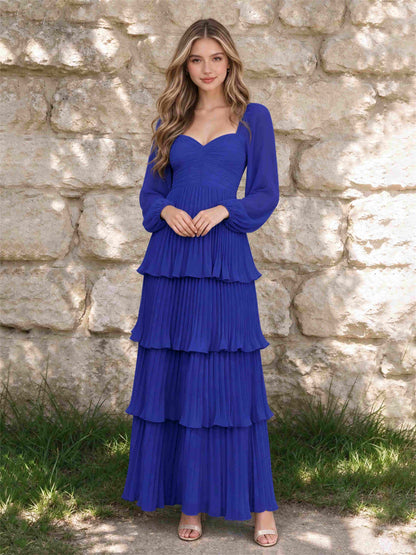 Sweetheart A-Line Long Sleeves Chiffon Tiered Pleated Wedding Guest Dress