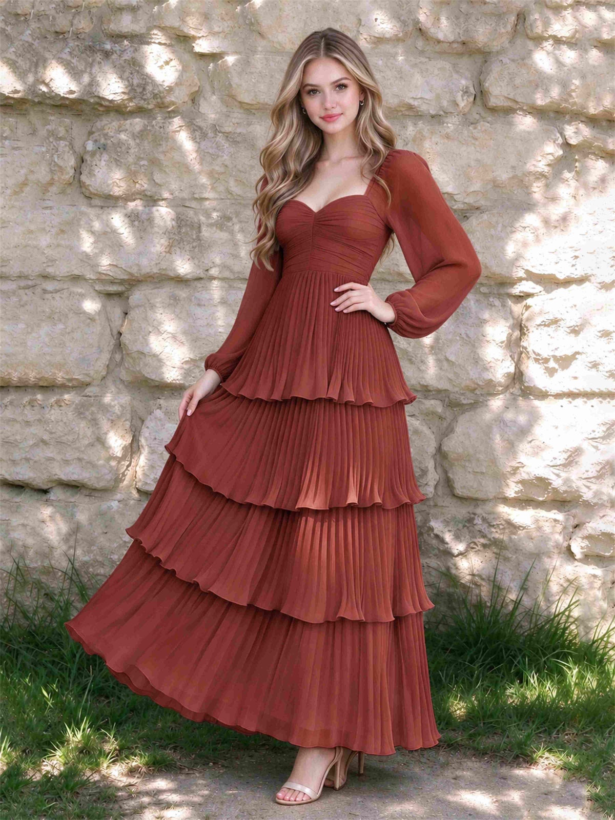 Sweetheart A-Line Long Sleeves Chiffon Tiered Pleated Wedding Guest Dress