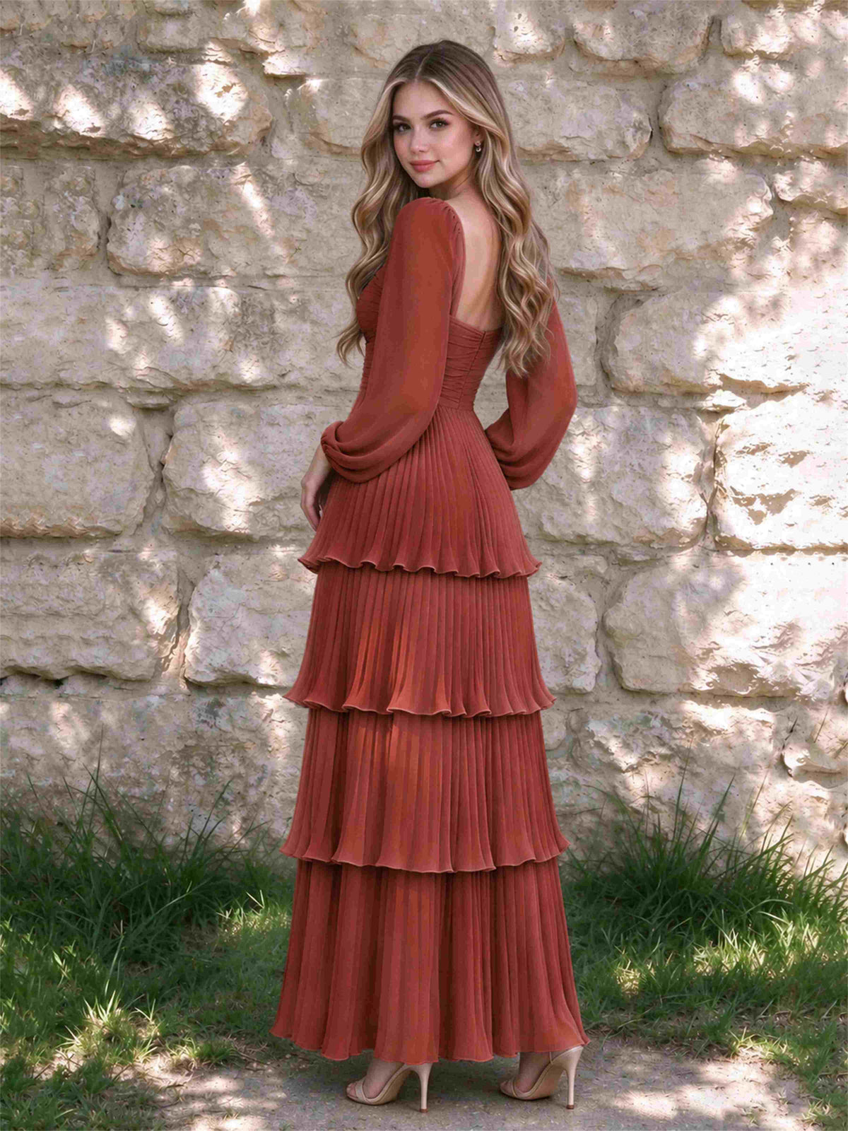 Sweetheart A-Line Long Sleeves Chiffon Tiered Pleated Wedding Guest Dress