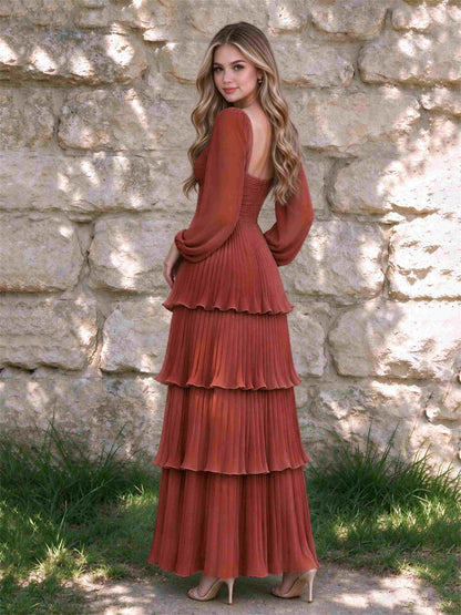 Sweetheart A-Line Long Sleeves Chiffon Tiered Pleated Wedding Guest Dress