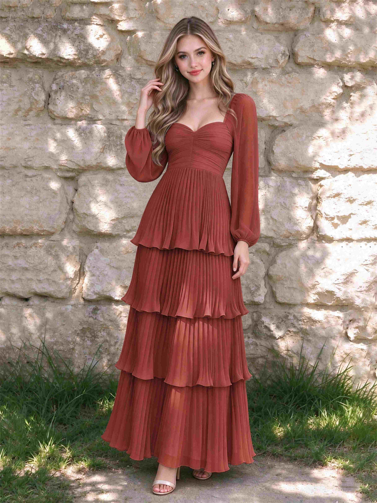 Sweetheart A-Line Long Sleeves Chiffon Tiered Pleated Wedding Guest Dress