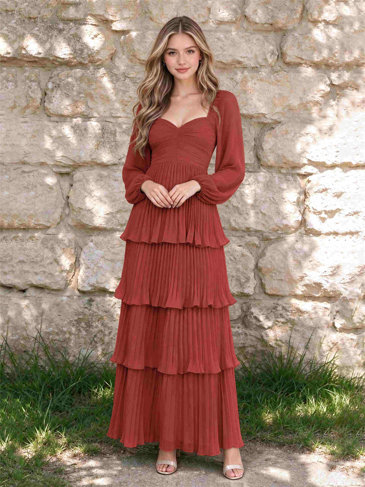Sweetheart A-Line Long Sleeves Chiffon Tiered Pleated Wedding Guest Dress