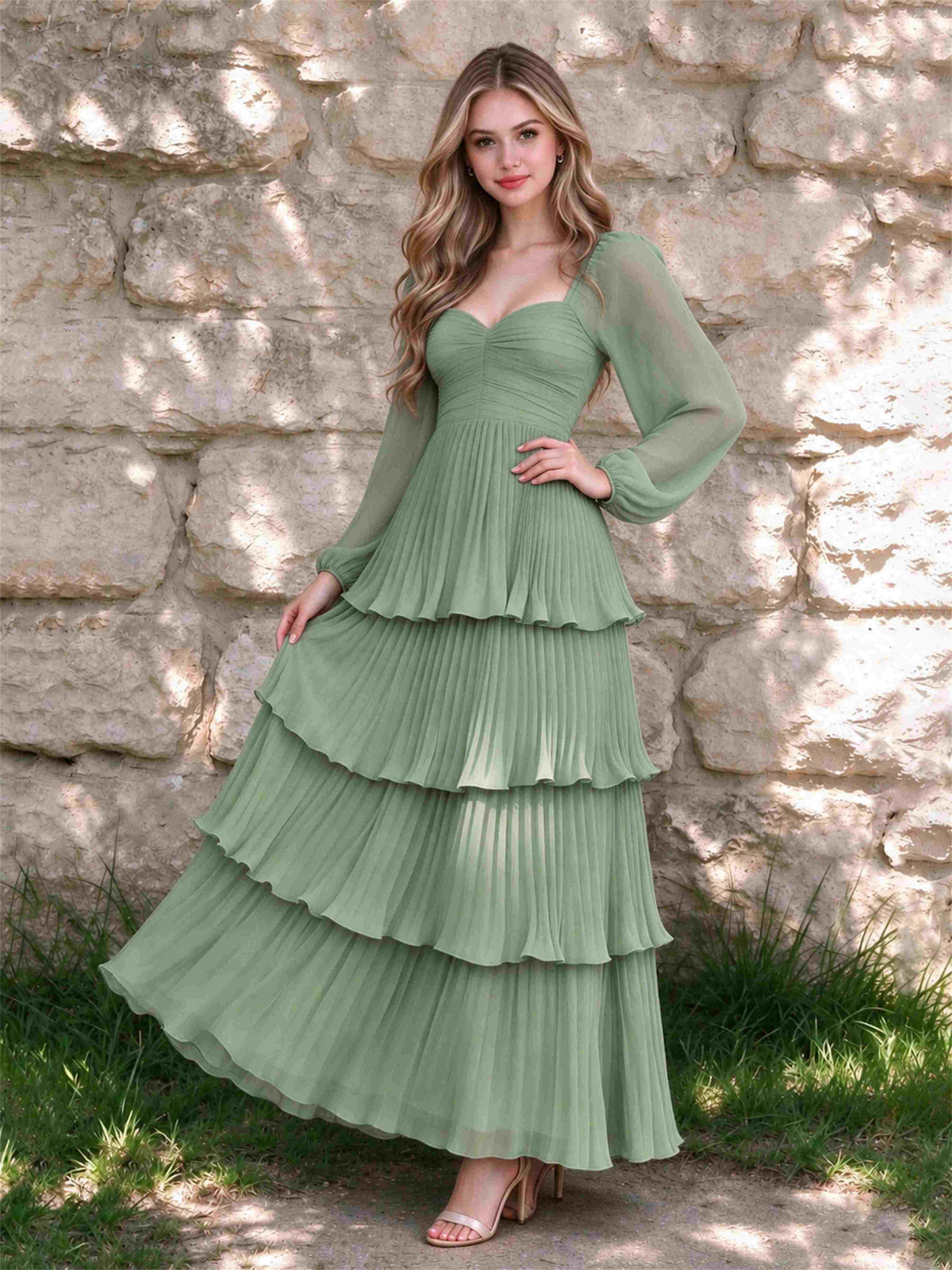 Sweetheart A-Line Long Sleeves Chiffon Tiered Pleated Wedding Guest Dress