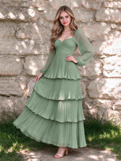 Sweetheart A-Line Long Sleeves Chiffon Tiered Pleated Wedding Guest Dress