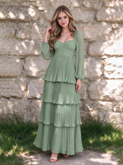 Sweetheart A-Line Long Sleeves Chiffon Tiered Pleated Wedding Guest Dress