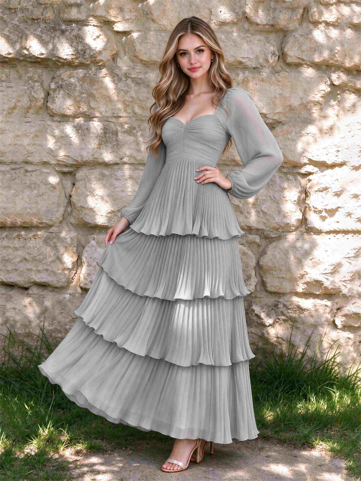 Sweetheart A-Line Long Sleeves Chiffon Tiered Pleated Wedding Guest Dress