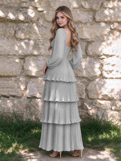 Sweetheart A-Line Long Sleeves Chiffon Tiered Pleated Wedding Guest Dress