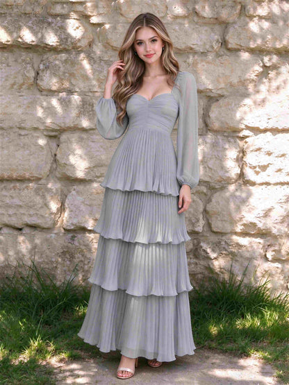 Sweetheart A-Line Long Sleeves Chiffon Tiered Pleated Wedding Guest Dress