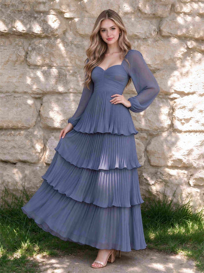 Sweetheart A-Line Long Sleeves Chiffon Tiered Pleated Wedding Guest Dress