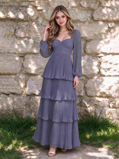 Sweetheart A-Line Long Sleeves Chiffon Tiered Pleated Wedding Guest Dress