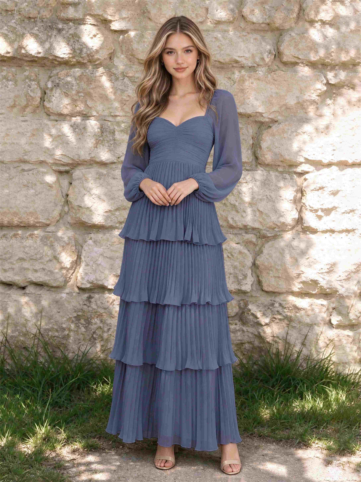 Sweetheart A-Line Long Sleeves Chiffon Tiered Pleated Wedding Guest Dress