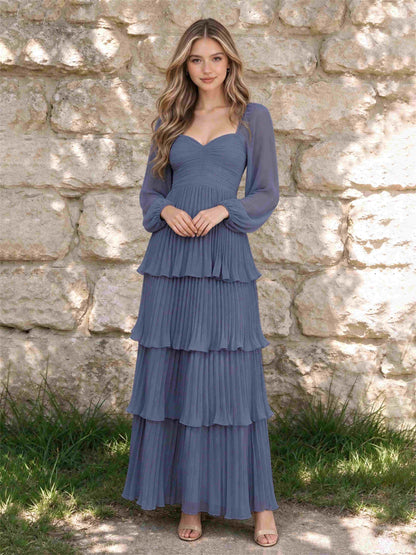 Sweetheart A-Line Long Sleeves Chiffon Tiered Pleated Wedding Guest Dress
