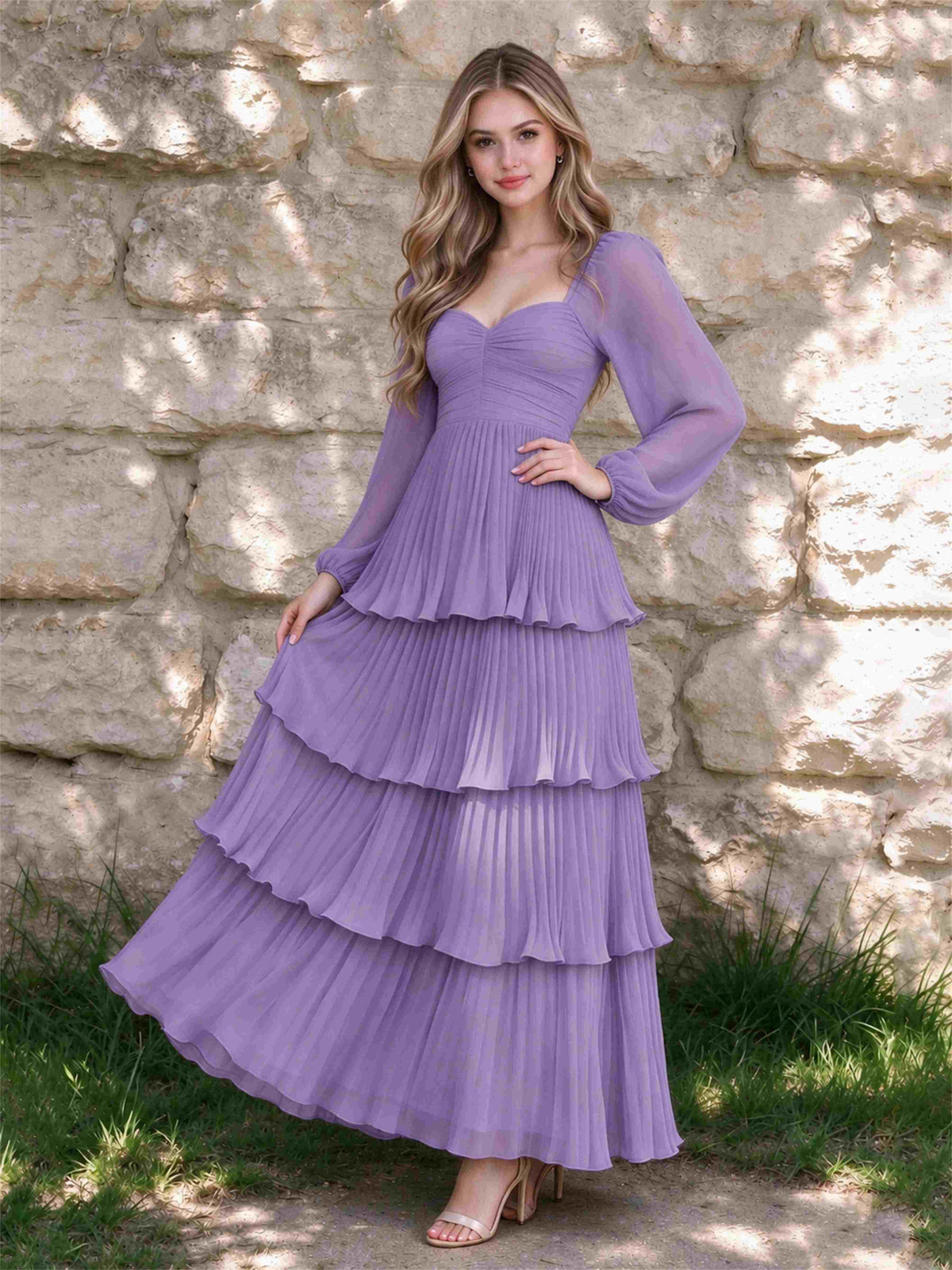 Sweetheart A-Line Long Sleeves Chiffon Tiered Pleated Wedding Guest Dress