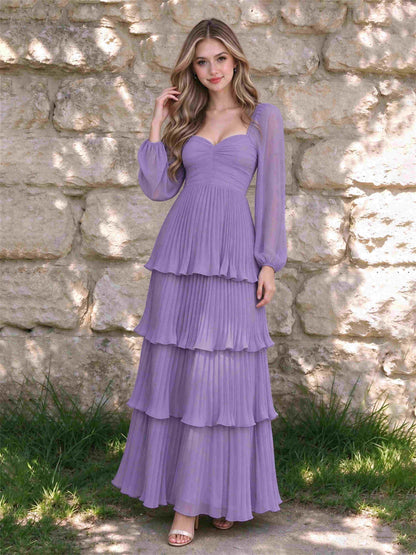 Sweetheart A-Line Long Sleeves Chiffon Tiered Pleated Wedding Guest Dress