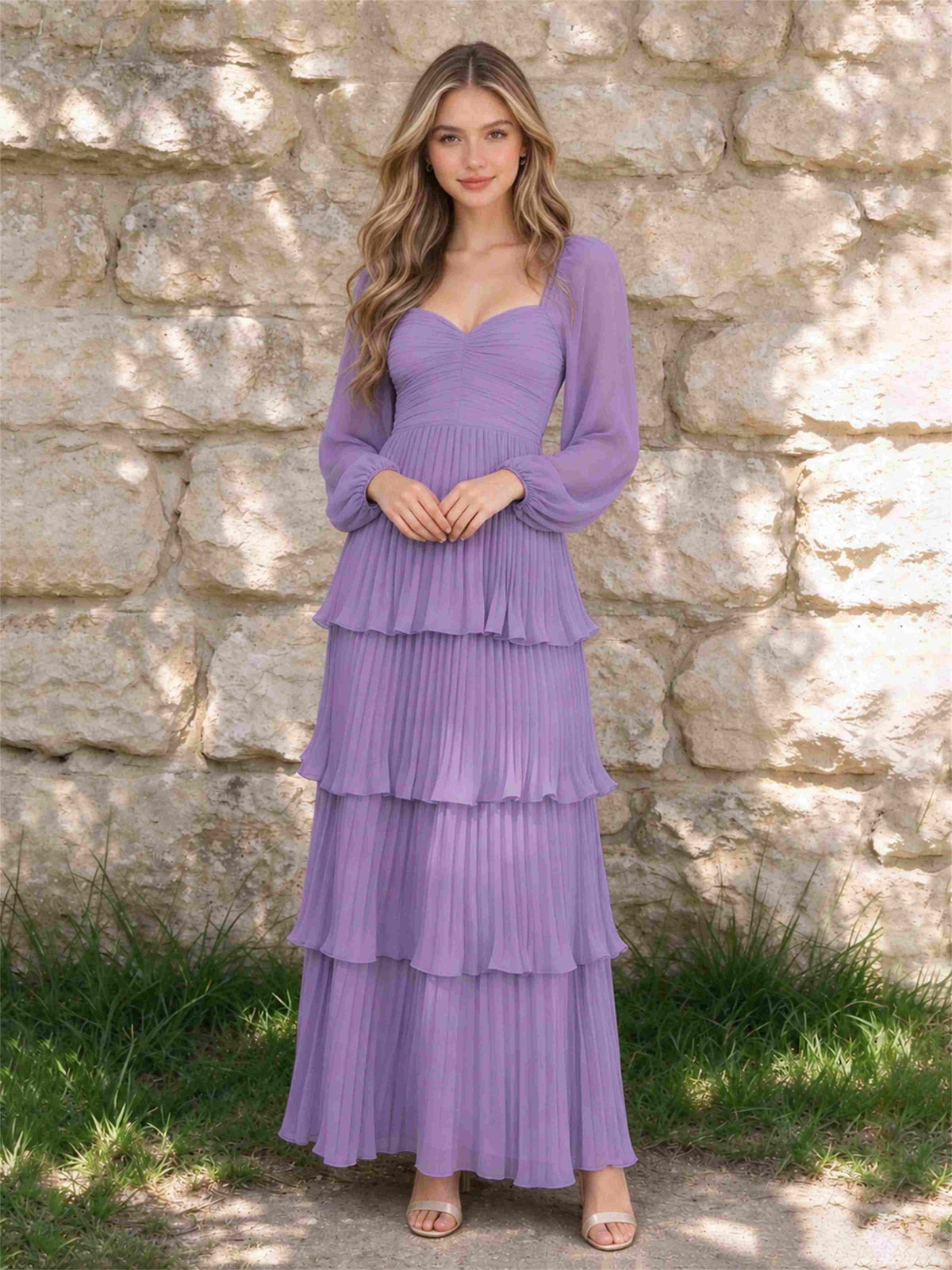 Sweetheart A-Line Long Sleeves Chiffon Tiered Pleated Wedding Guest Dress