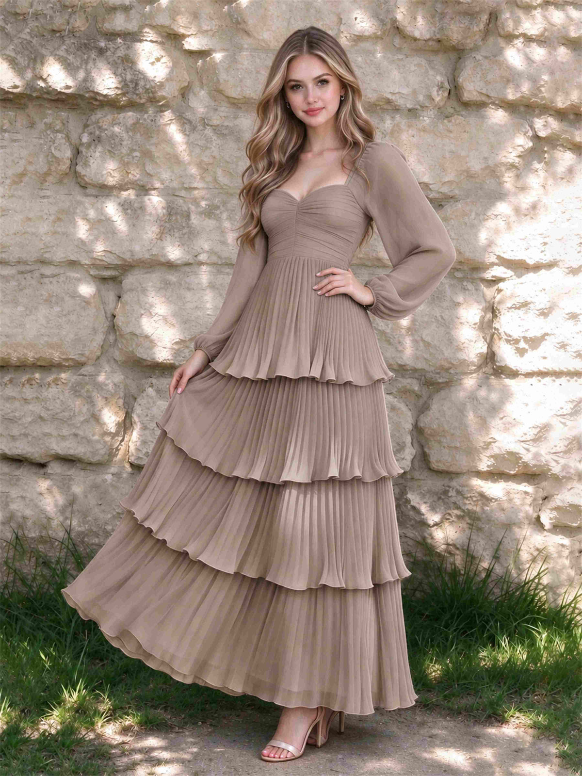 Sweetheart A-Line Long Sleeves Chiffon Tiered Pleated Wedding Guest Dress