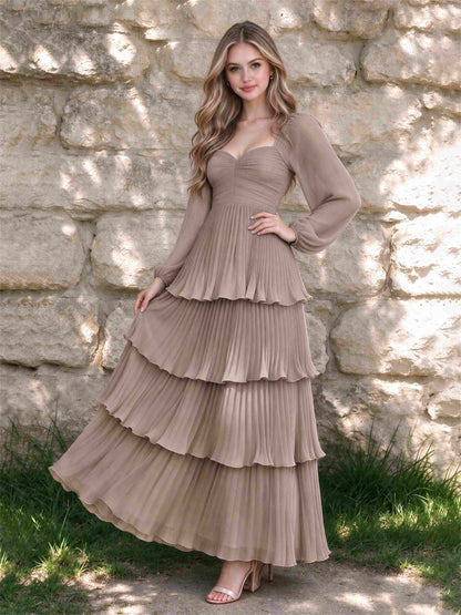 Sweetheart A-Line Long Sleeves Chiffon Tiered Pleated Wedding Guest Dress