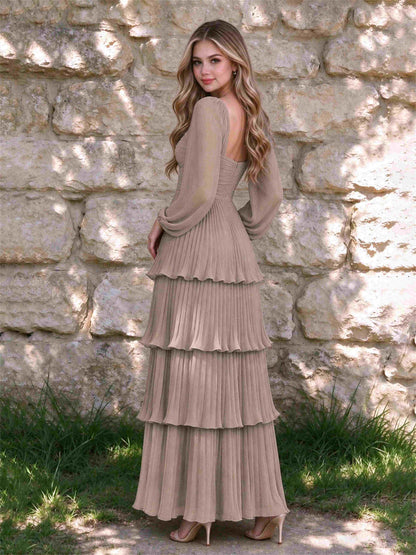 Sweetheart A-Line Long Sleeves Chiffon Tiered Pleated Wedding Guest Dress