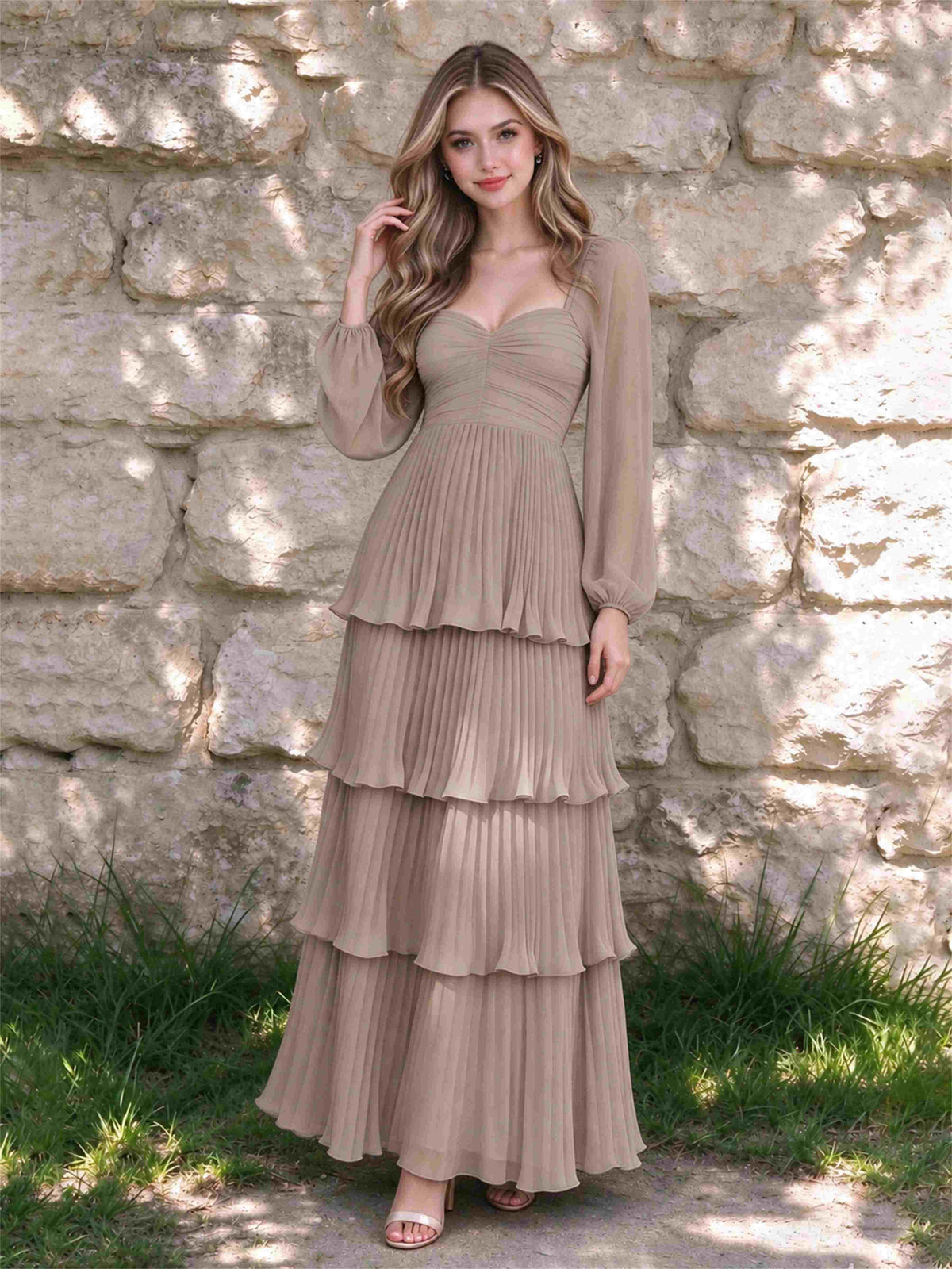Sweetheart A-Line Long Sleeves Chiffon Tiered Pleated Wedding Guest Dress