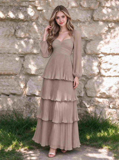 Sweetheart A-Line Long Sleeves Chiffon Tiered Pleated Wedding Guest Dress