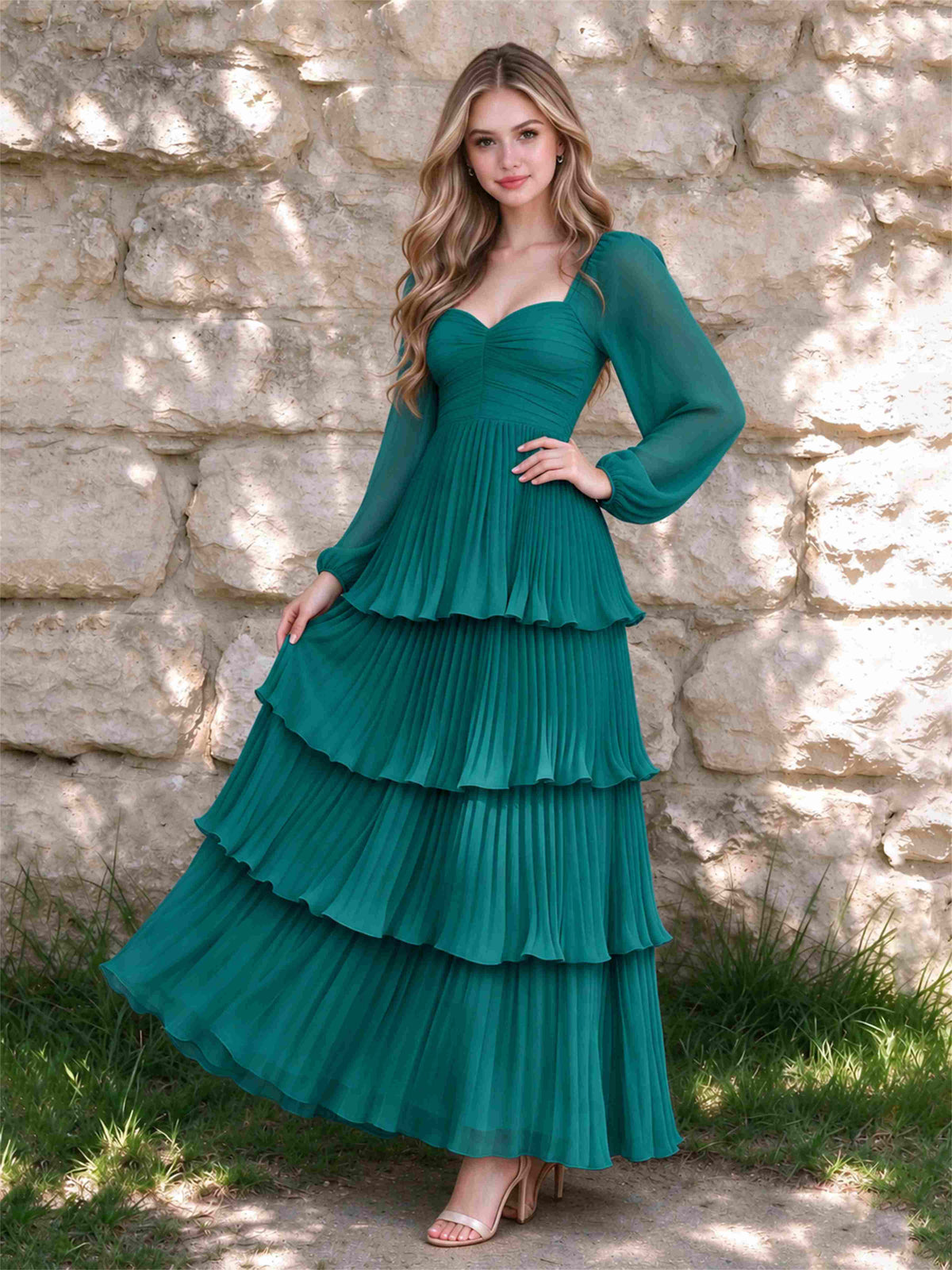 Sweetheart A-Line Long Sleeves Chiffon Tiered Pleated Wedding Guest Dress
