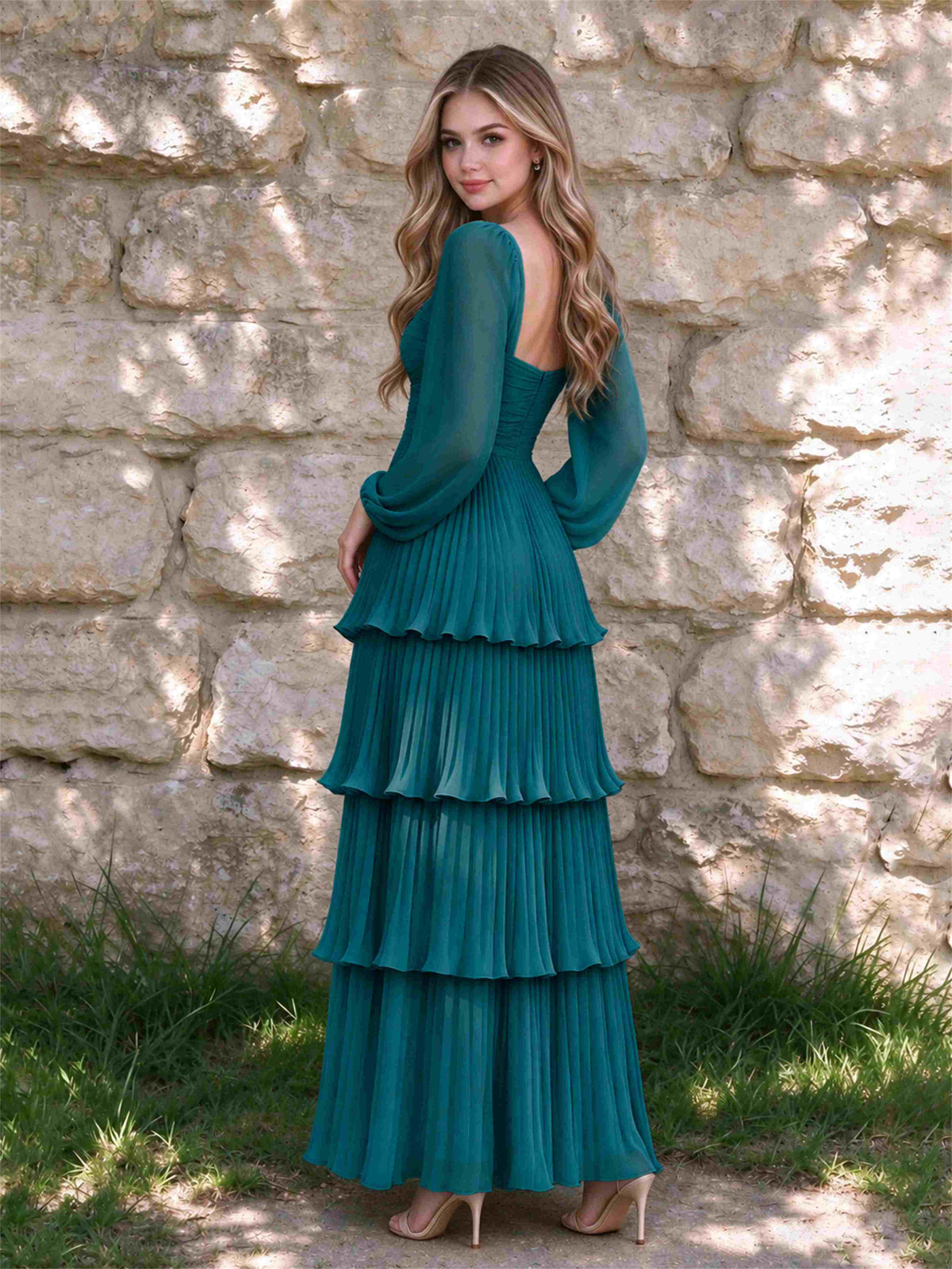 Sweetheart A-Line Long Sleeves Chiffon Tiered Pleated Wedding Guest Dress