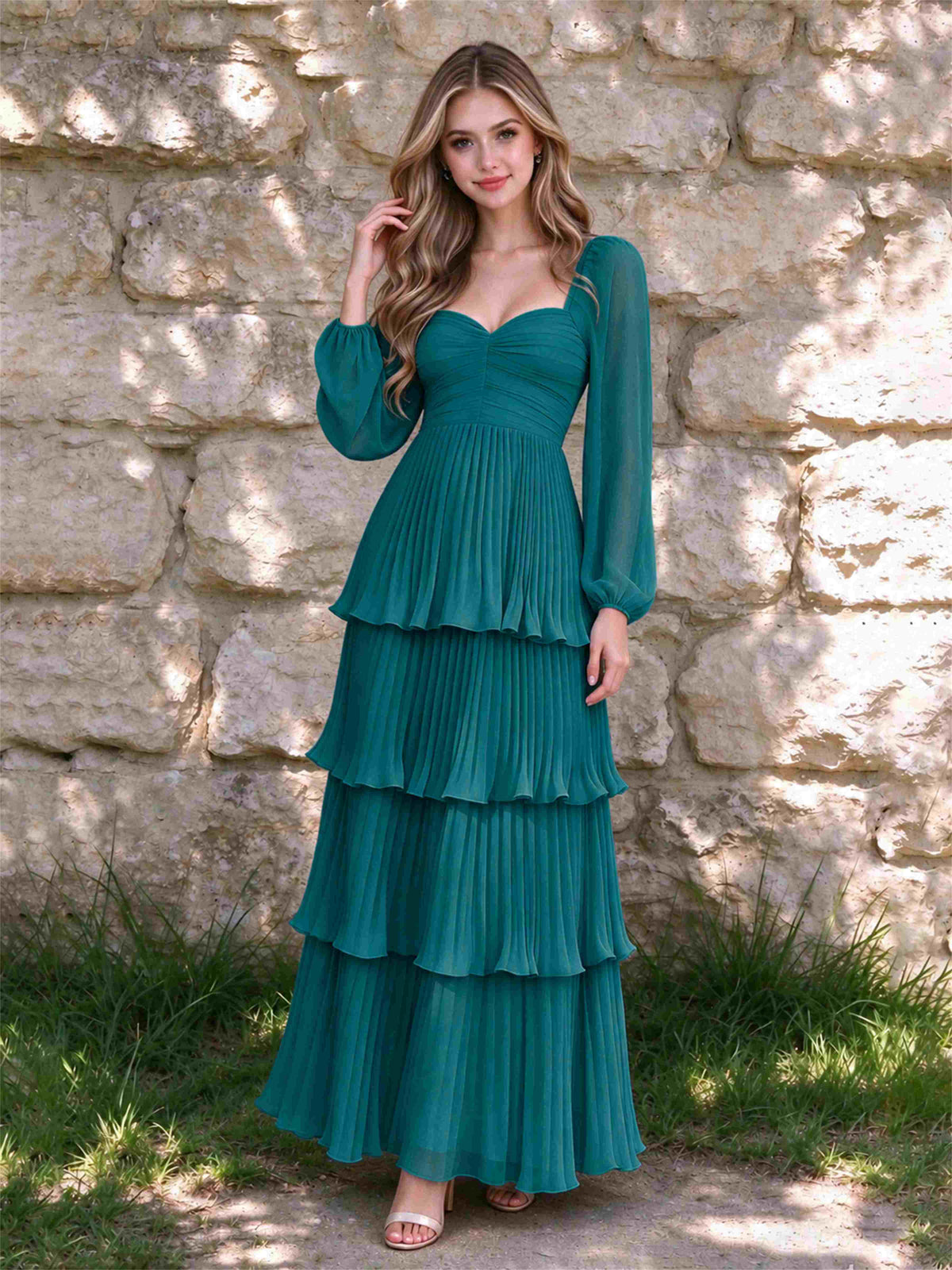 Sweetheart A-Line Long Sleeves Chiffon Tiered Pleated Wedding Guest Dress